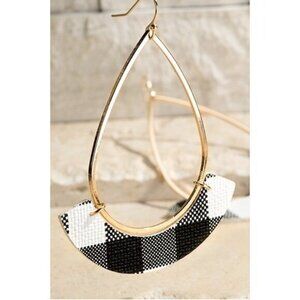 Buffalo Check Dangle Earrings White Black Gold Tone Faux Leather French Wire